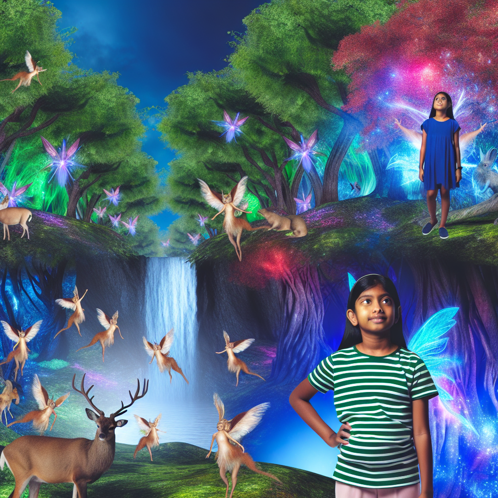 A dreamer standing at the edge of a vibrant enchanted forest, with fairies, woodland creatures, and a hidden waterfall.