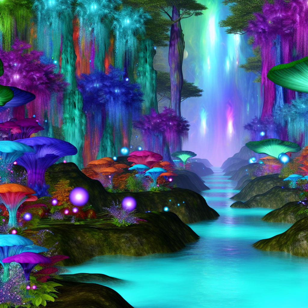 A fantastical forest with vibrant colors.