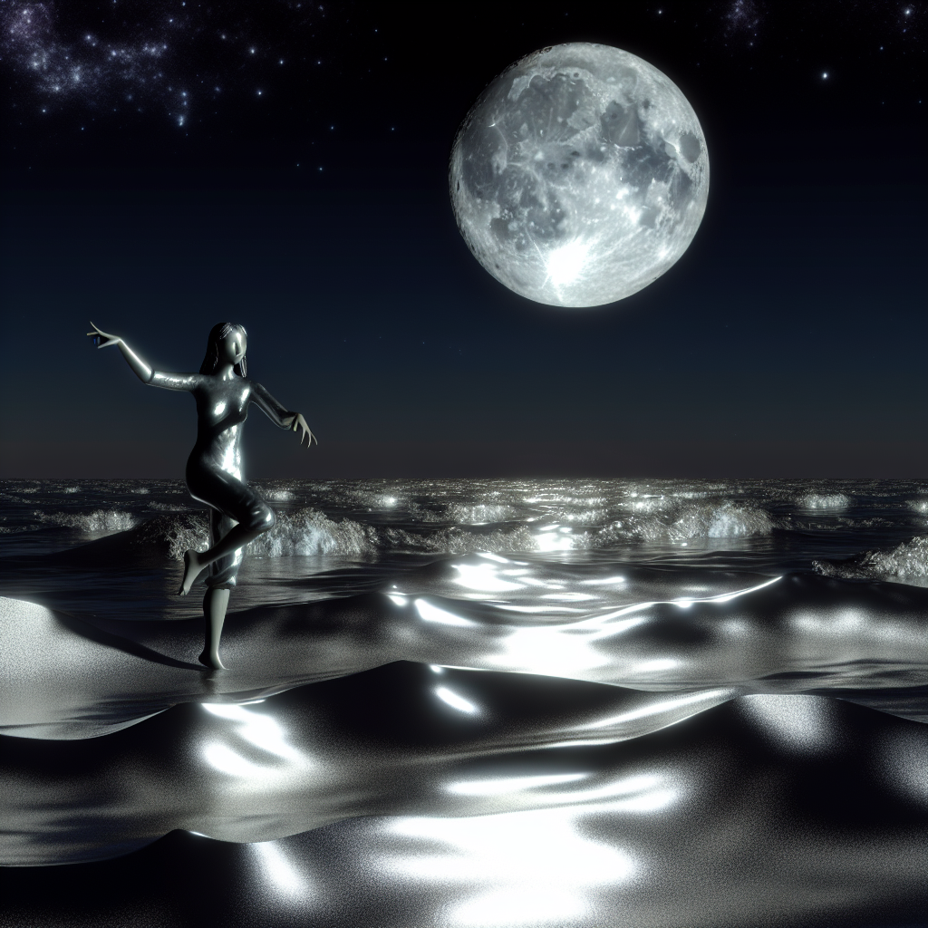 A figure dances on moonlit waves.