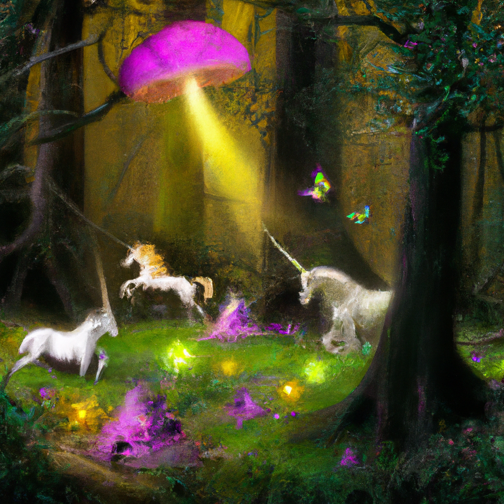 A mystical forest with fairies, unicorns, and glowing mushrooms.