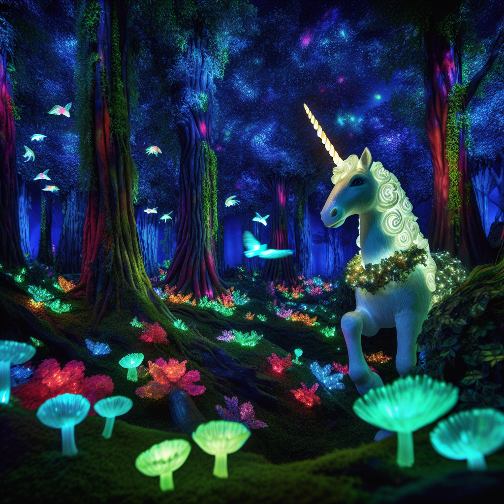 A mystical forest with vibrant flora, luminescent creatures, and a majestic unicorn.