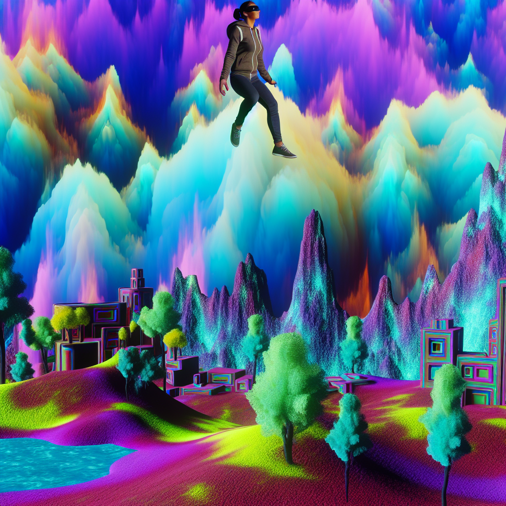 A person floating above a surreal world.