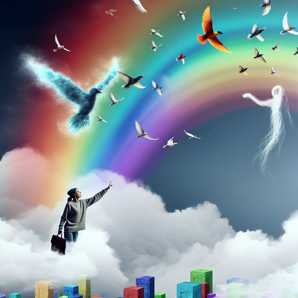A person floating on clouds, surrounded by colorful birds and a city made of rainbows, guided by a wispy figure towards an extraordinary adventure.