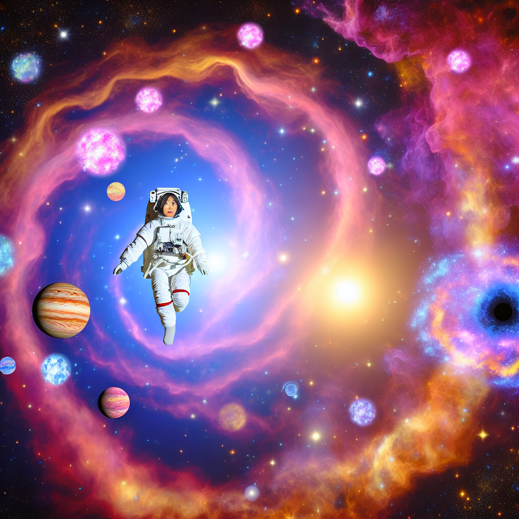 A person floating through a vibrant and ethereal cosmic landscape, surrounded by swirling nebulae, diverse planets, and a looming black hole.