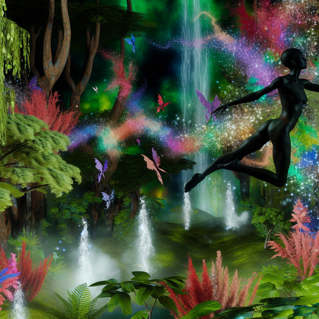 A person flying through a lush, enchanted forest with mystical creatures, sparkling waterfalls, and vibrant flora.