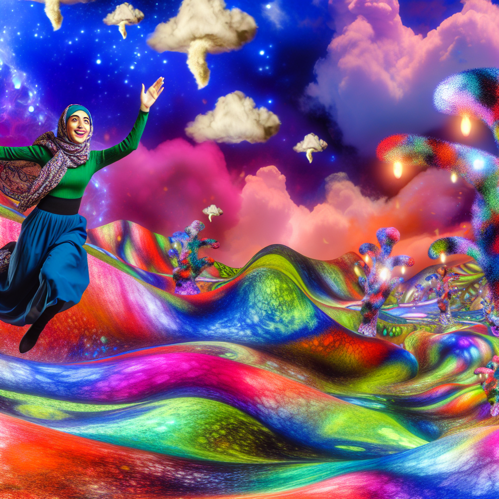 A person flying through a vibrant, surreal landscape.