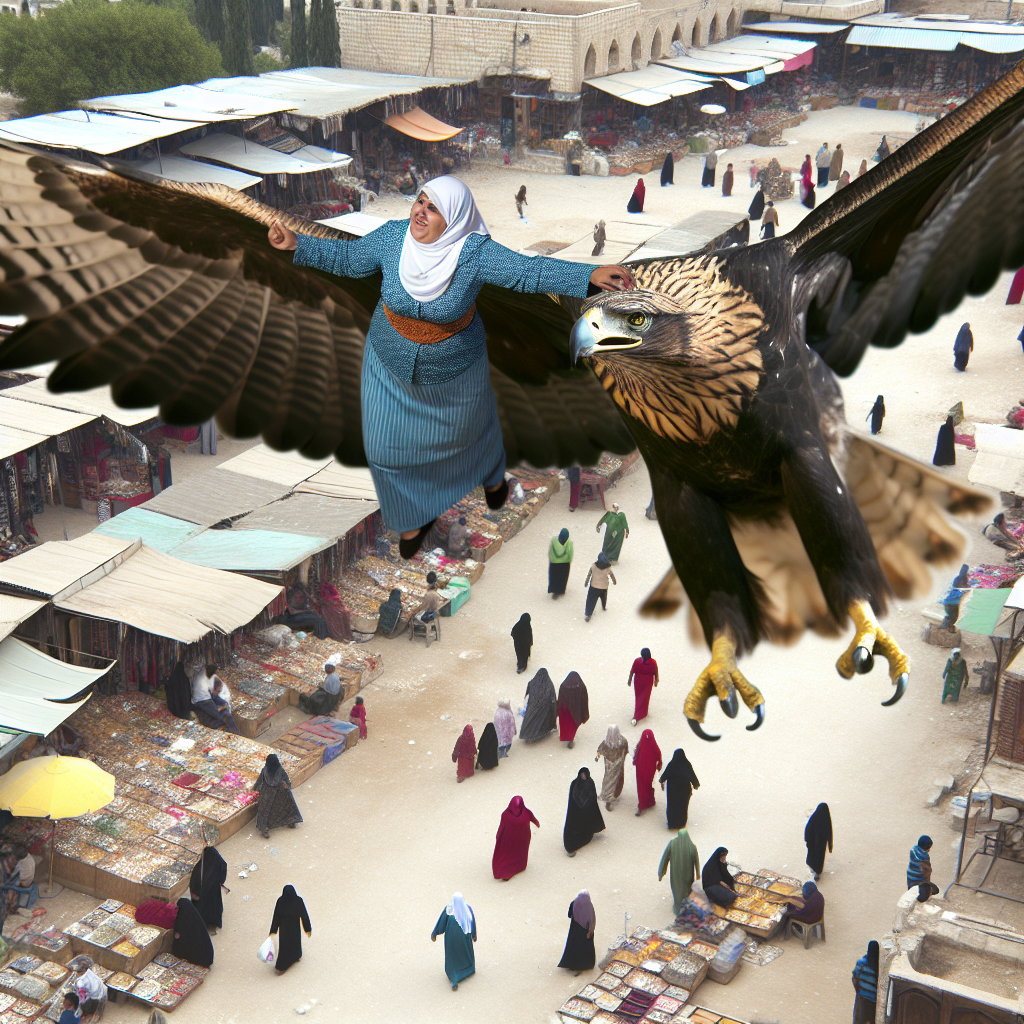 A person soaring above a bustling marketplace, carried by a gentle giant eagle.