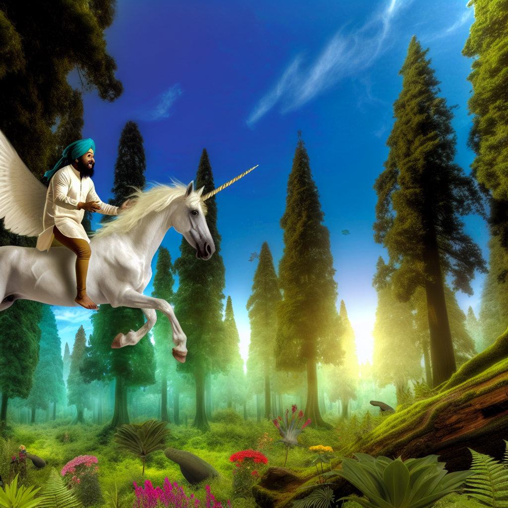 A person soaring above a mystical forest on the back of a majestic unicorn.