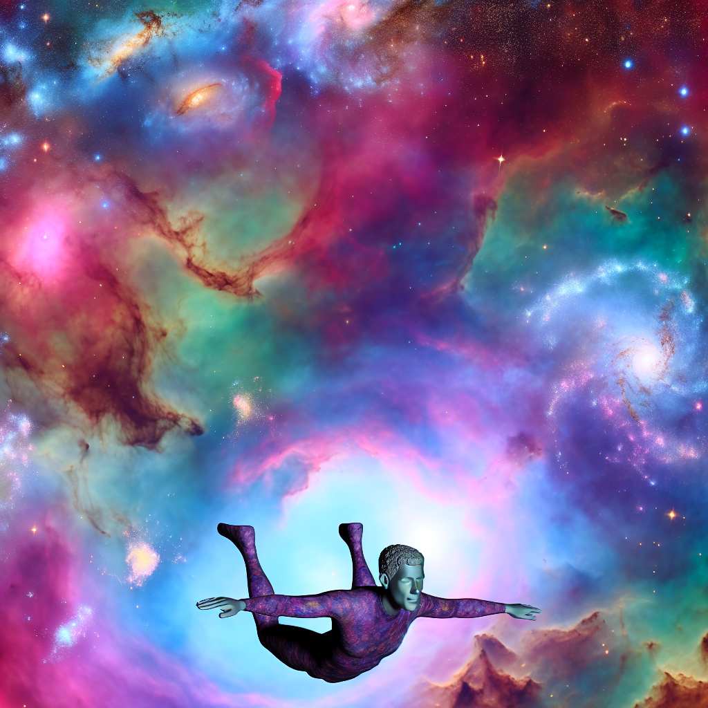 A person soaring through a colorful galaxy.