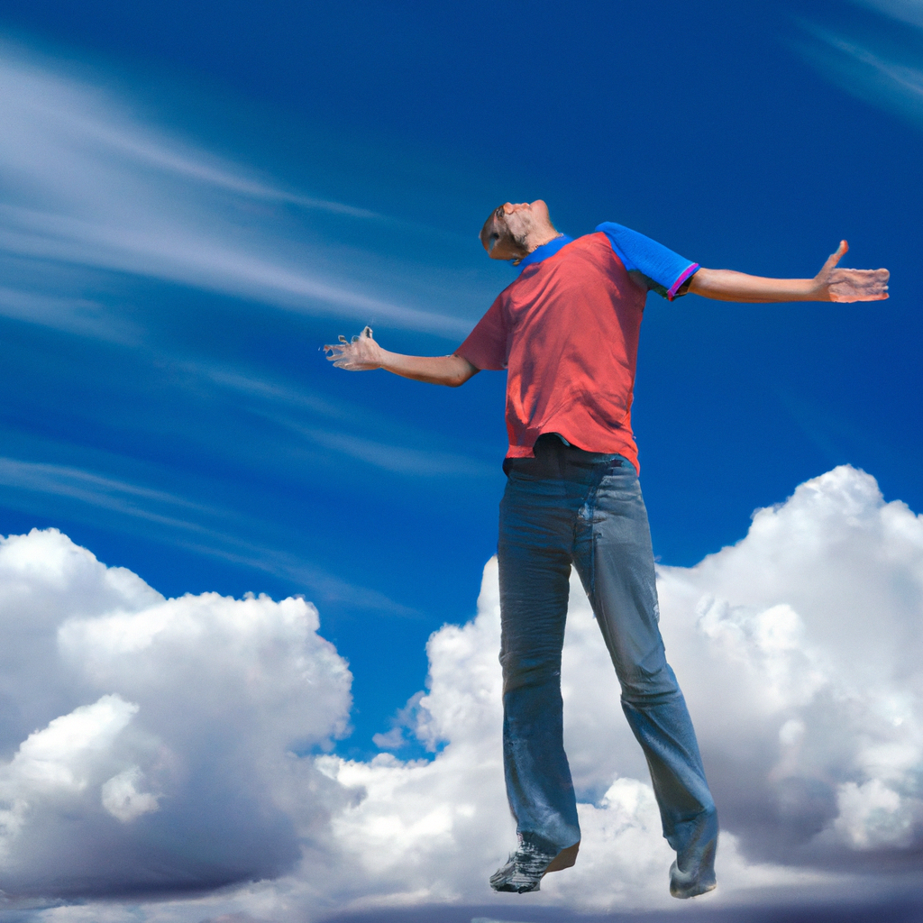 A person soaring through a vibrant, cloud-filled sky, arms outstretched and a joyful expression on their face.