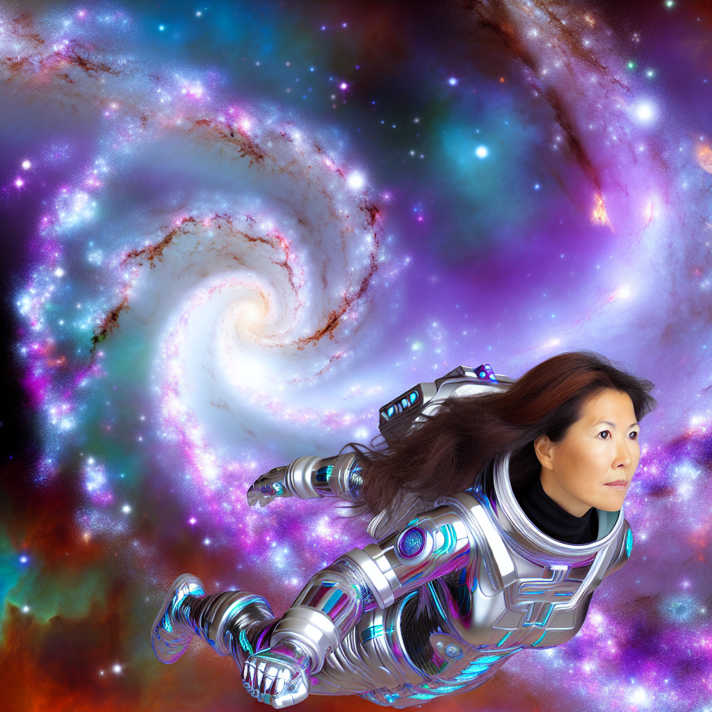 A person soaring through a vibrant galaxy.