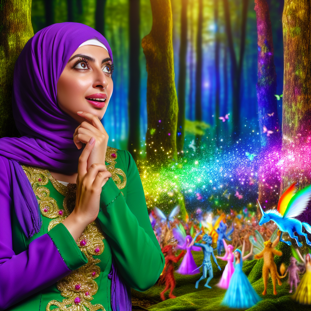 A person standing at the edge of a mystical forest, surrounded by vibrant colors and magical creatures.