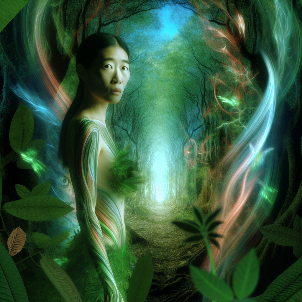 A person standing at the entrance of a lush, magical forest, filled with vibrant colors and mystical creatures.