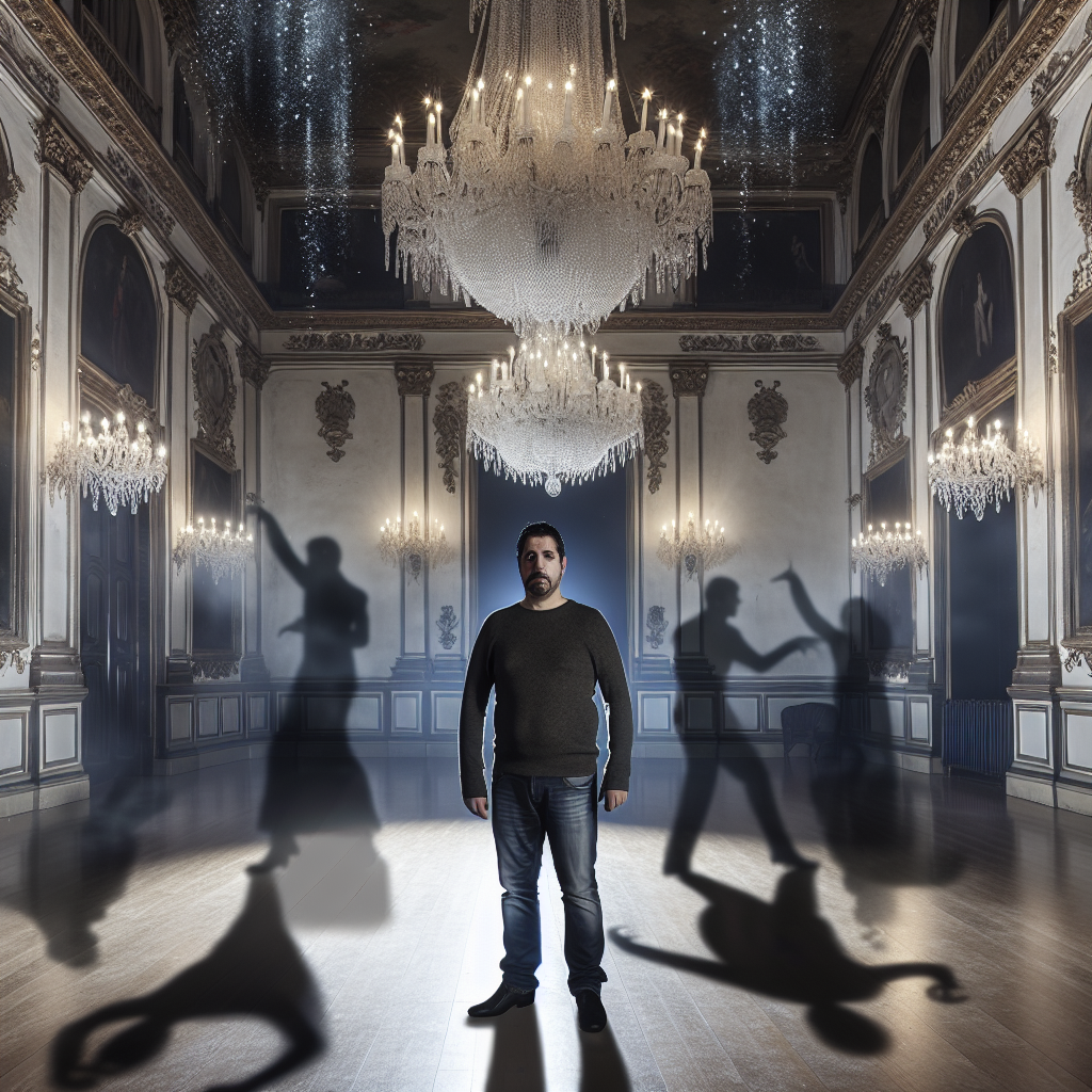 A person standing in a dimly lit ballroom surrounded by dancing shadows.