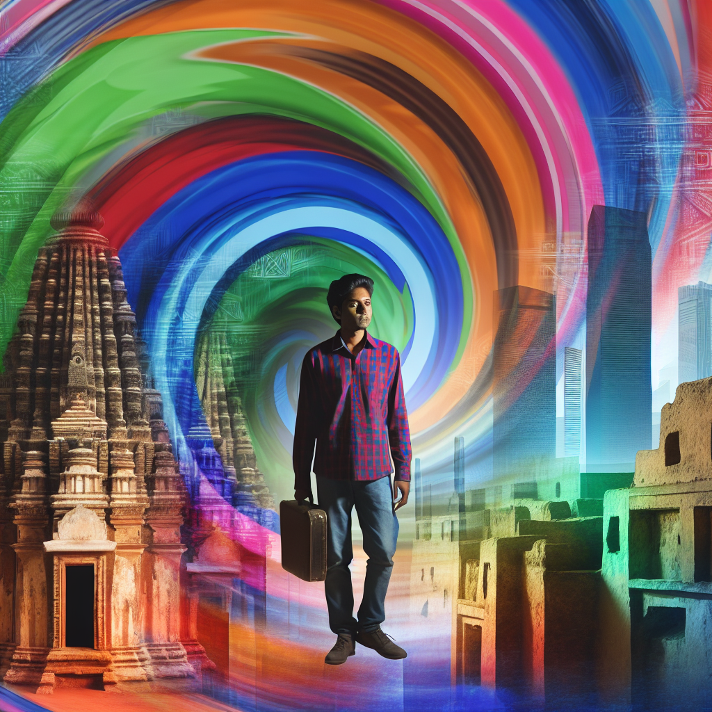 A person standing in a swirling vortex surrounded by vibrant colors and shapes, with ancient buildings and futuristic landscapes blending together in the background.