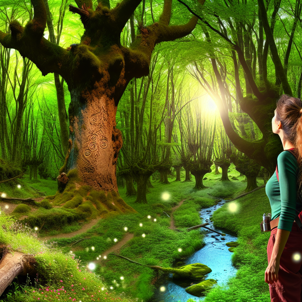 A person standing in an enchanting forest with tall trees, sunlight filtering through the foliage, a sparkling stream, a majestic oak tree with a symbol carved on its trunk, fireflies lighting up the night, and a hidden glade filled with vibrant flowers.