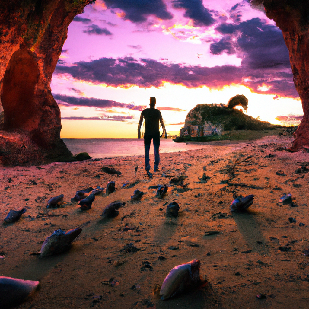 A person standing on a deserted beach, with a vibrant sunset in the background, following a trail of seashells into a mysterious cave filled with a secret garden.