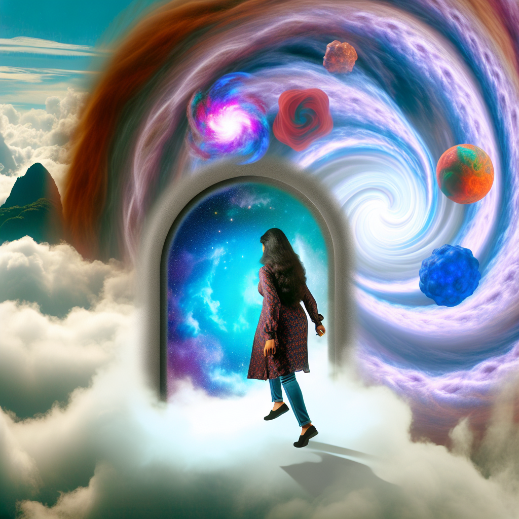 A person stepping through a shimmering portal into a swirling vortex of colors and shapes, surrounded by misty mountaintops and swirling clouds.