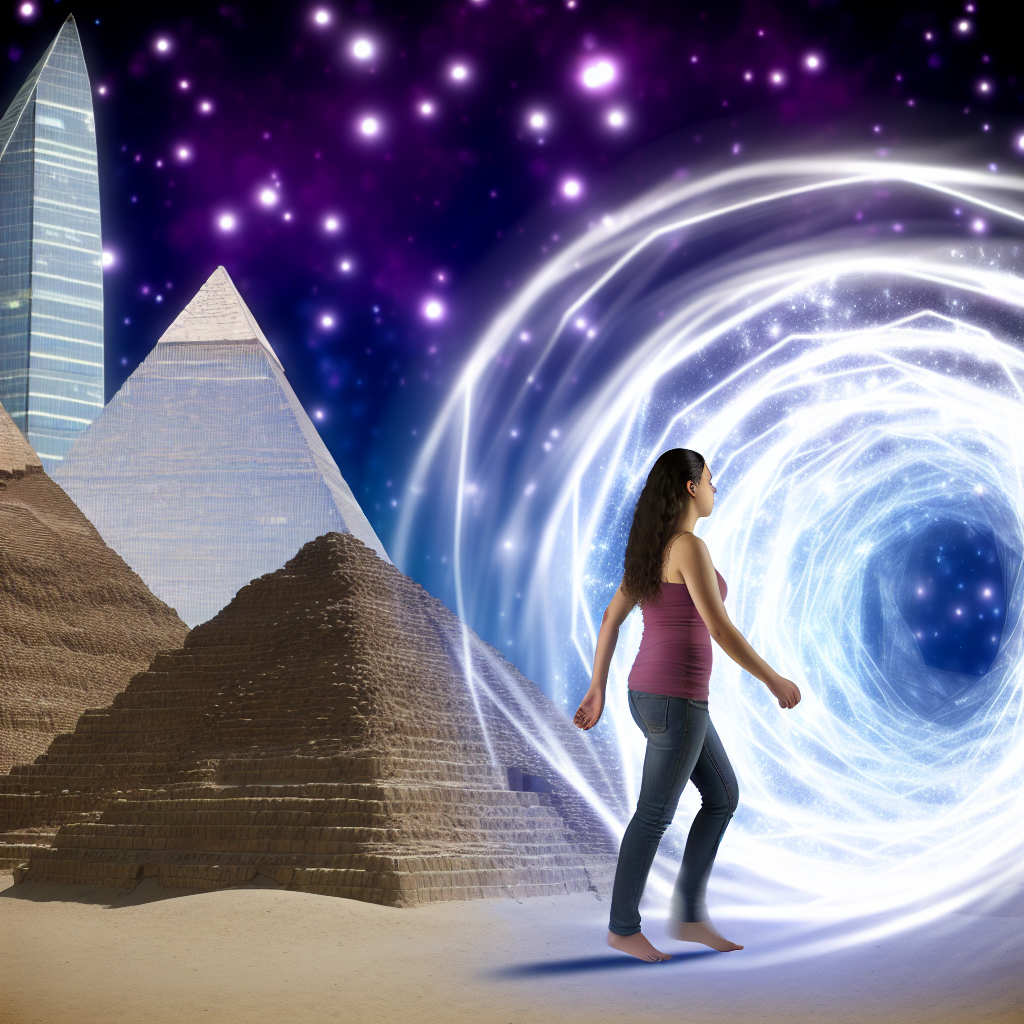 A person stepping through a swirling portal, surrounded by ancient pyramids, stars, and futuristic skyscrapers.