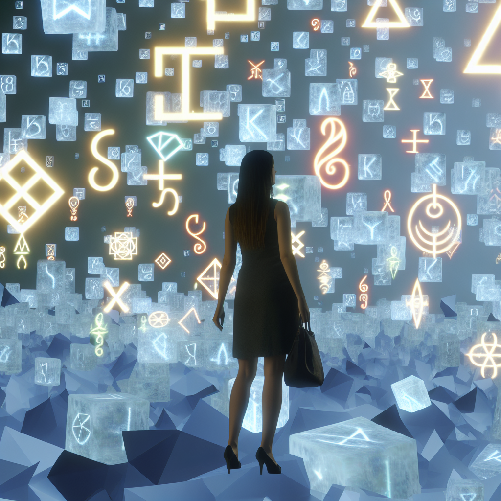 A person surrounded by floating symbols.