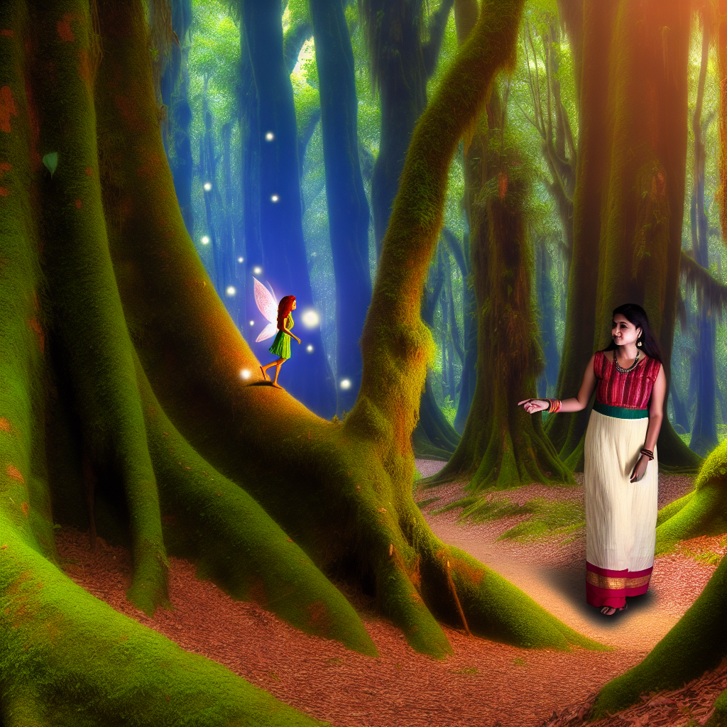 A person walking through a vibrant, mystical forest with a fairy guide.