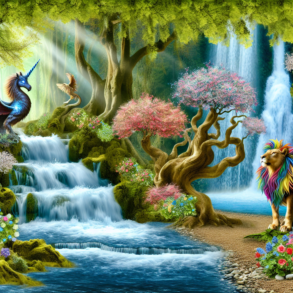 A serene clearing in an enchanted forest, with a majestic waterfall, blooming flowers, and mythical creatures.