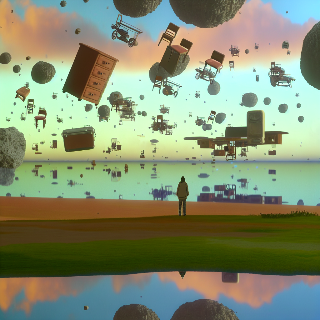 A surreal landscape with floating objects.