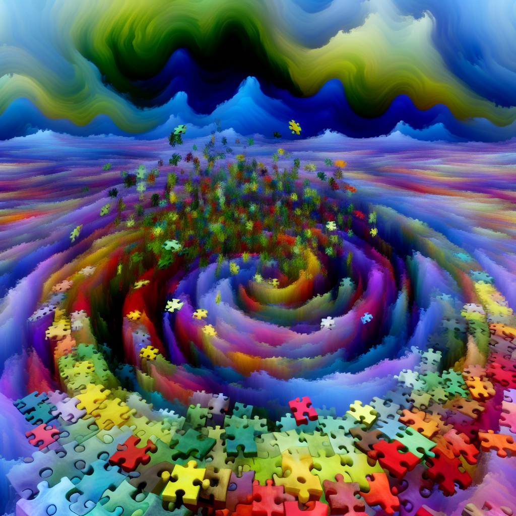 A swirling, colorful dreamscape with puzzle pieces forming a tapestry of human consciousness.