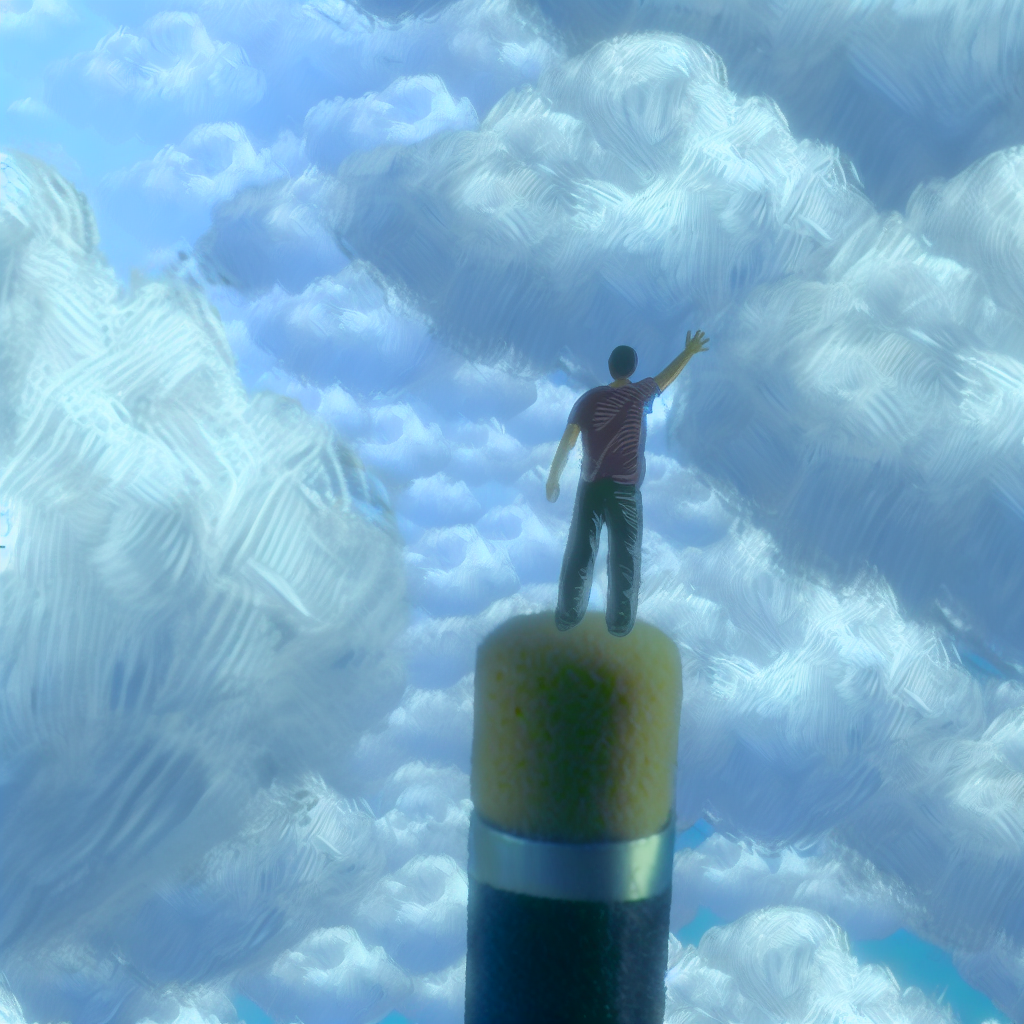 Person standing on fluffy cloud, soaring.